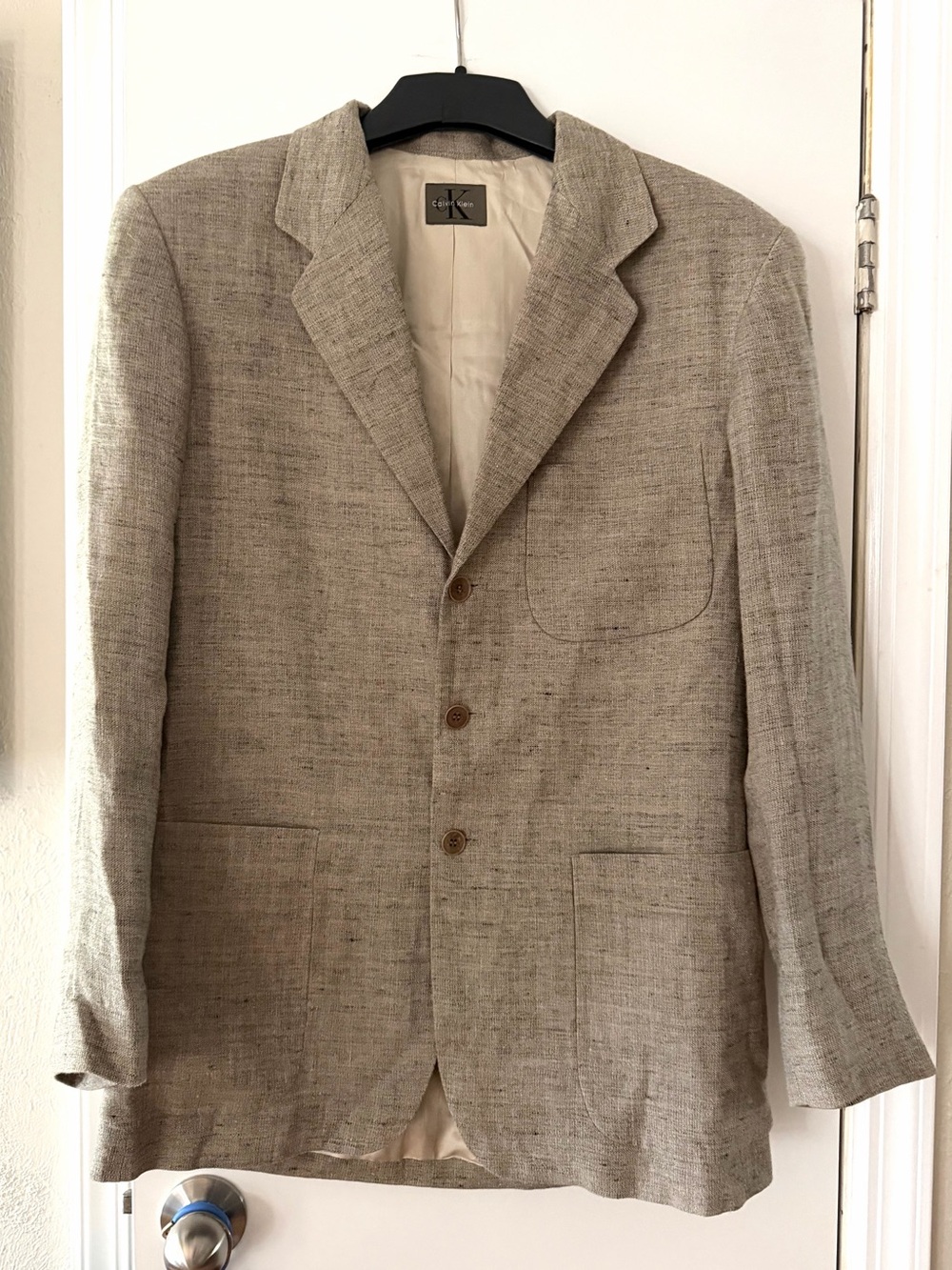 Vintage CK Calvin Klein 100% Linen Khaki Tan Mens Blazer Jacket 90’s lg 42